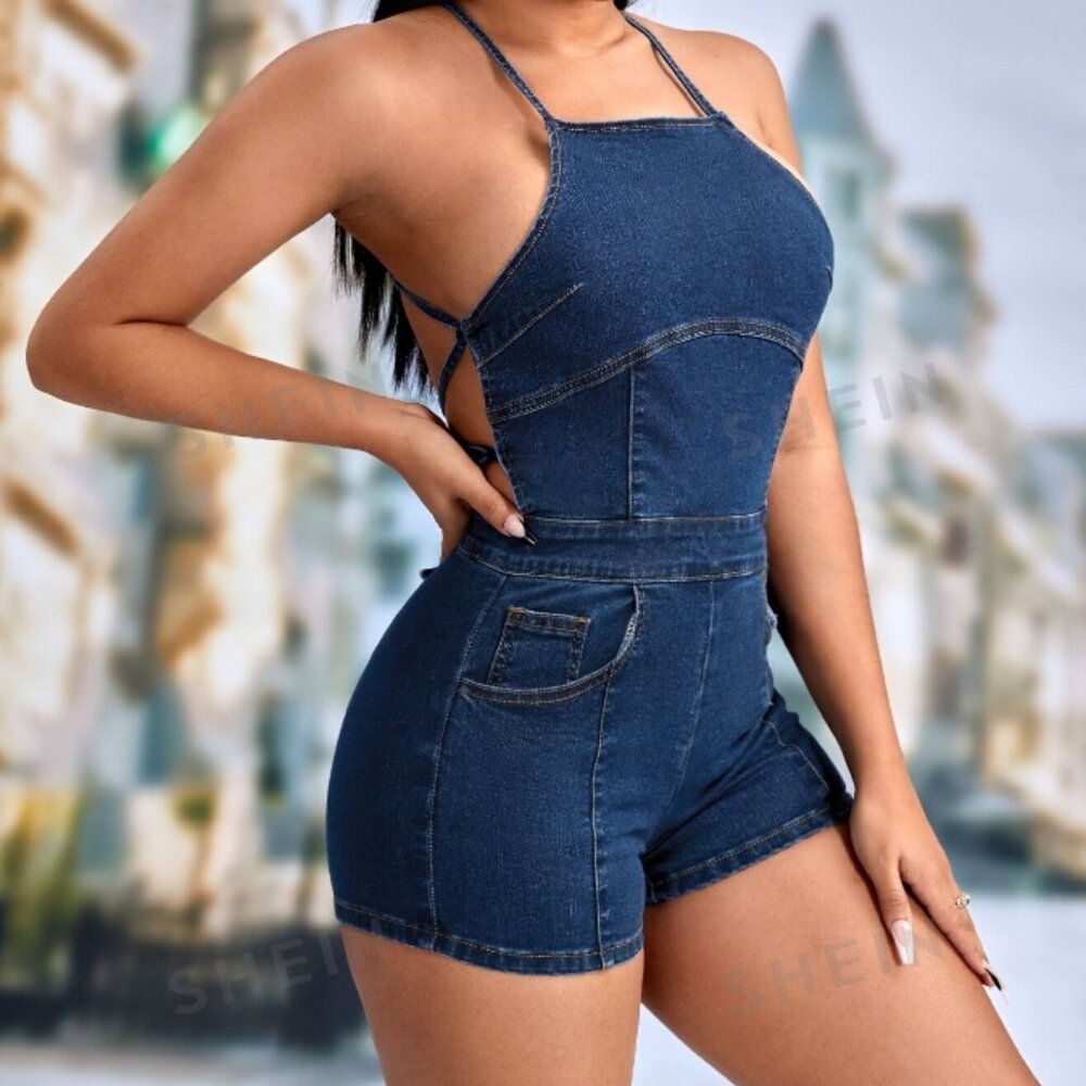 SHEIN SXY Lace Up Backless Denim Romper